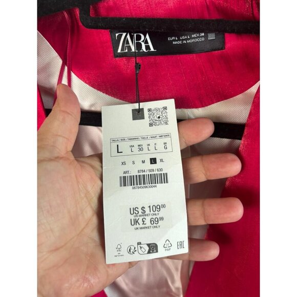 ZARA Womens Blazer Hot Pink Fuchsia Satin Belted Tie Double Breasted Size L - Picture 4 of 11